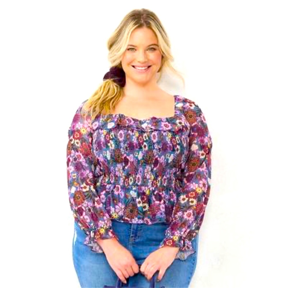 Plus Size LC Lauren Conrad Long Sleeve Smocking Top, Women's, Med Blue